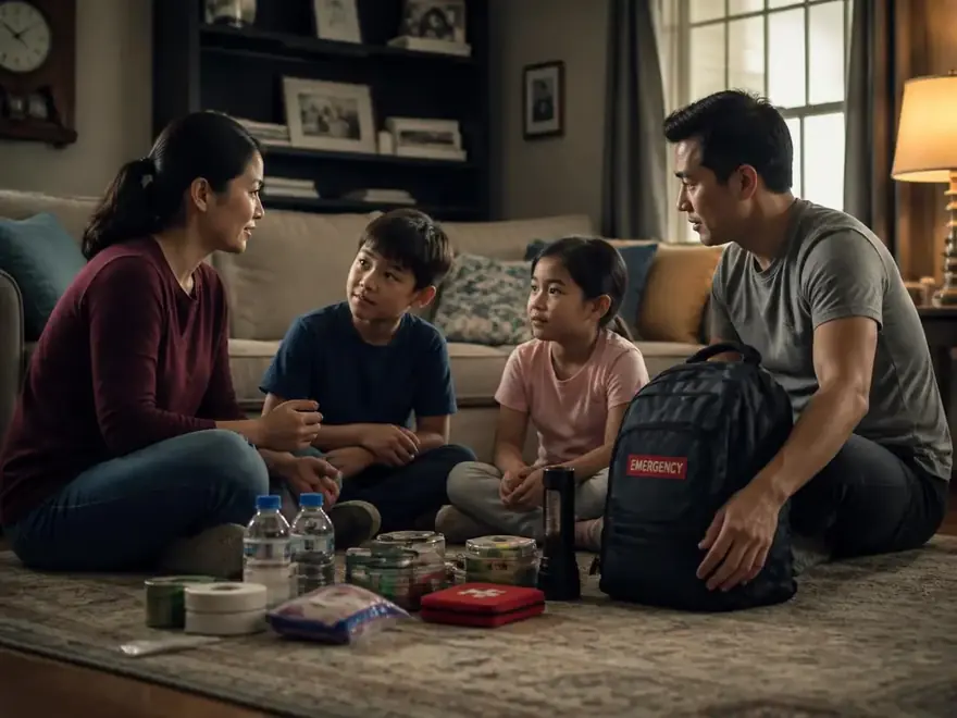 Padres conversando con sus hijos dentro de casa mientras organizan suministros de emergencia