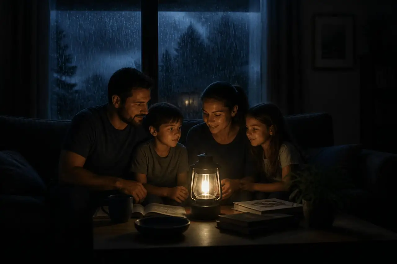 Familia reunida en su hogar durante una tormenta y un corte de energía, iluminada por una linterna